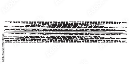 Grunge tire track, wheel braking marks. Truck, car or motorcycle tread pattern silhouette. Auto race, motorsport, speed racing design element. Vector illustration