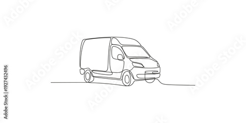 A simple black and white line art illustration of a delivery van on a white background