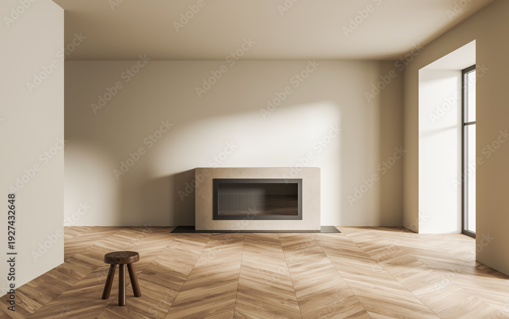 Fototapeta premium Minimal modern interior with fireplace and stool in soft light, realistic style on neutral background, concept of calm living 3D Rendering