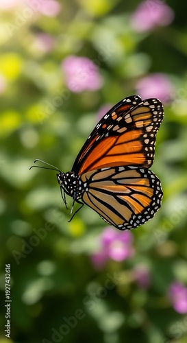 A monarch butterfly in flight with blurred flowers