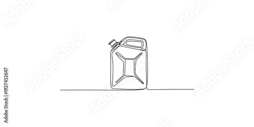 Minimalist black and white continuous line illustration of a metal jerrycan for carrying gasoline