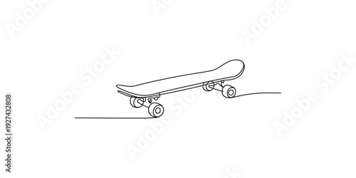 A continuous one line drawing of a skateboard on a white background, minimal style