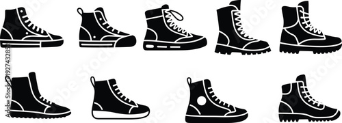 Boots and sneakers silhouette icons set featuring casual footwear shoes black flat vector illustration collection for fashion design use