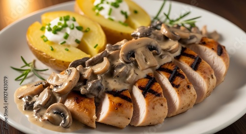 A plate of grilled chicken with mushroom sauce and potatoes
