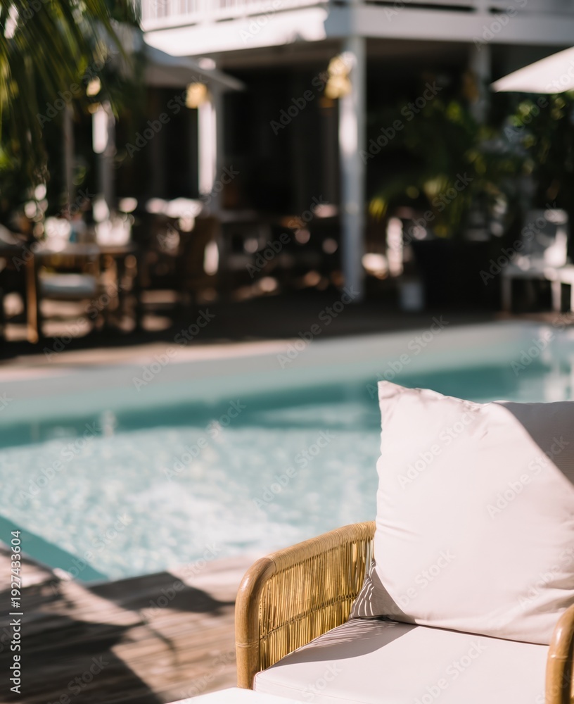 Obraz premium Modern wicker lounge chair by a crystal clear resort pool. Sunny tropical hotel patio, summer vacation tourism, and high-end hospitality relaxation concept.