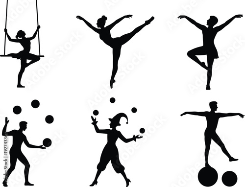 Circus performer silhouettes set black vector illustration ballet dancer acrobat juggler balance poses entertainment show minimal flat design isolated