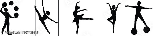 Circus acrobat silhouettes banner black vector illustration juggler dancer balance performer poses entertainment show minimal flat design isolated