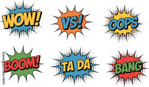 Comic pop art speech bubbles vector set with wow vs oops boom ta da bang text colorful explosion shapes design