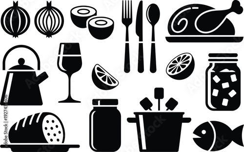 Black silhouette kitchen icon set including onion, citrus slice, roast turkey, saucepan, kettle, cutlery and cooking utensils in vector illustration style.