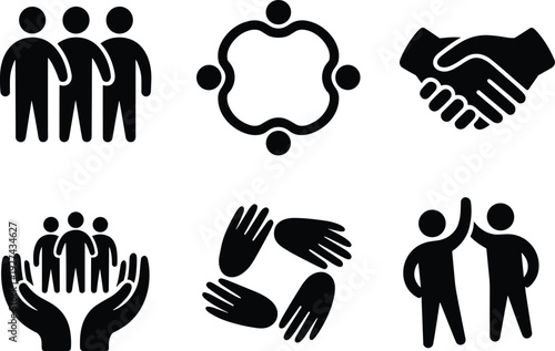 Community teamwork and cooperation icons set representing people unity support partnership collaboration leadership trust networking volunteering diversity inclusion relationships