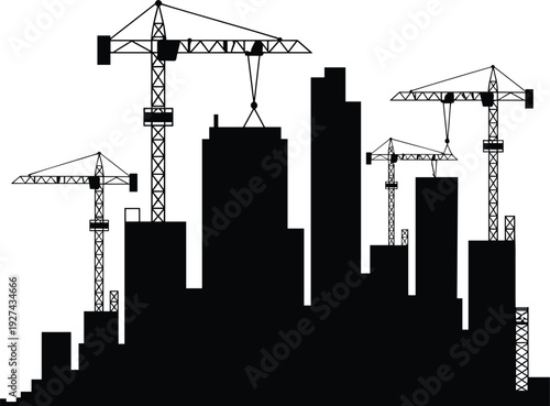 Construction crane and city skyline silhouette vector illustration with building site towers isolated on white background for urban development design