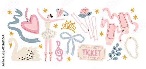 Ballet dance theater stickers with classical performance elements including ballerina, pointe shoes, swan and ribbon, graceful choreography symbols and stage performance accessories for ballet 