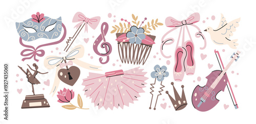 Ballet dance theater stickers with classical performance elements including ballerina, pointe shoes, swan and ribbon, graceful choreography symbols and stage performance accessories for ballet 