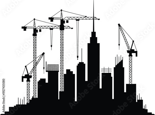 Construction skyline silhouette with cranes and unfinished buildings showing urban development city growth black flat vector illustration for architecture industry