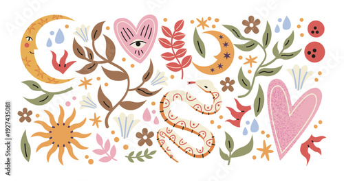 Boho mystical stickers in retro cartoon style. Nature, sun, moon, stars; objects: hands, window, palm. Calm boho composition with warm decorative details and soft dreamy aesthetic expressive visuals