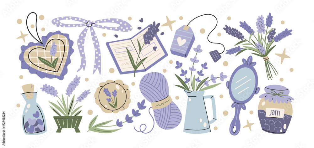 Obraz premium Lavender themed stickers with rustic Provence aesthetics and cozy handmade objects. Lavender flowers, bouquet, jar with jam, teapot, yarn ball, ribbon, mirror, labels, vintage home comfort