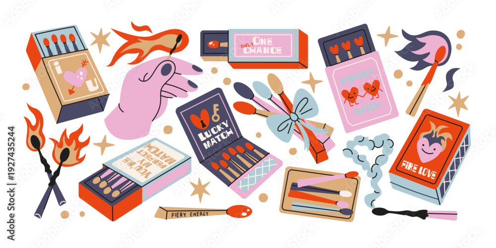 Fototapeta premium Vintage matchbox stickers in retro cartoon style. matches, matchsticks, flame, fire, lucky card, lips box, burning sticks, match packaging elements, smoking accessories objects, playful groovy doodle 