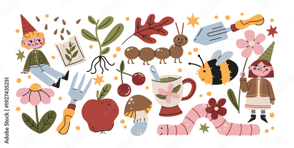 Naklejka premium Garden cozy fairytale stickers with kids gnomes plants watering tools insects and harvest elements, home gardening lifestyle and nature care objects in doodle playful composition