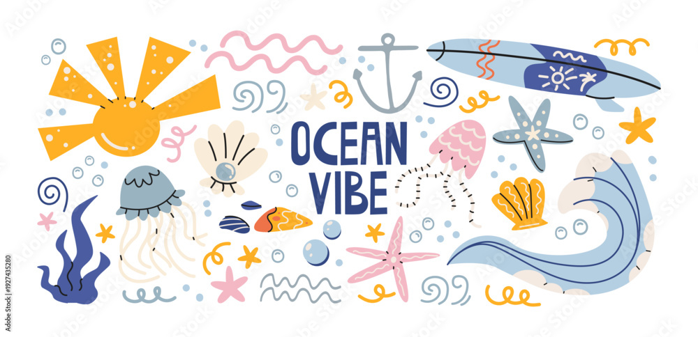Obraz premium Ocean beach stickers with marine life and seaside activity elements, waves, surfboard, jellyfish and starfish, underwater sea creatures and coastal vacation vibes for summer ocean lifestyle