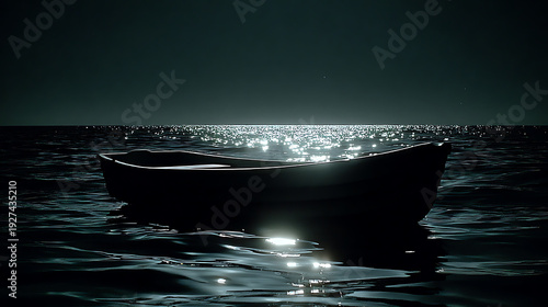 A lone boat floating gracefully on a tranquil sea under a luminous sky, evoking a sense of serenity and mystery.