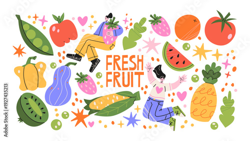 Fresh fruits stickers with people characters holding pineapple, watermelon, kiwi, tomato, corn and berries, healthy eating lifestyle and juicy summer food elements in bright playful juice composition
