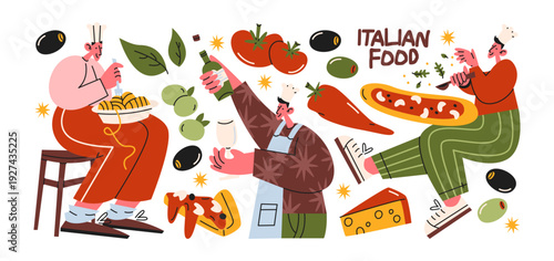Italian food cooking characters in retro cartoon style. people: chef, cook, pasta, pizza, cheese, tomato, olives, wine, sausage, kitchen utensils, traditional Italian cuisine preparation