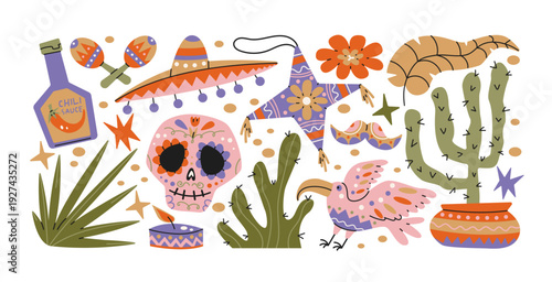 Mexican fiesta stickers with traditional symbols and desert elements. sombrero, maracas, cactus, chili sauce, skull, guitar, agave, colorful ornaments, mexican culture celebration holiday decoration