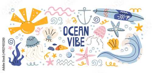Ocean beach stickers with marine life and seaside activity elements, waves, surfboard, jellyfish and starfish, underwater sea creatures and coastal vacation vibes for summer ocean lifestyle