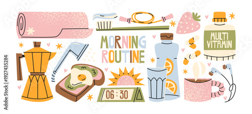Morning routine stickers with daily habits and self care objects. coffee maker, toothbrush, vitamins, breakfast toast with egg, juice, water, mug, alarm clock, healthy lifestyle morning habits 