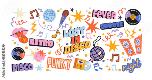 Retro disco party stickers in 90s style. Music elements: vinyl records, DJ turntables, speakers, headphones, smiley icons, abstract shapes. Nostalgic dance party concept inspired by nineties culture