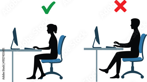 Correct and incorrect sitting posture at computer workstation vector illustration ergonomic office chair desk posture comparison isolated on white background