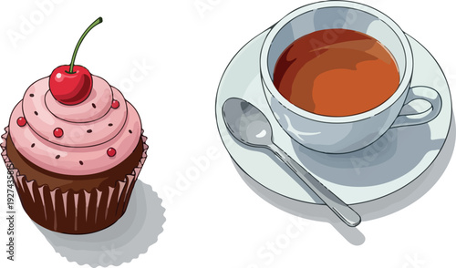 Pixel Art Cupcake With Pink Frosting And Cherry And Tea Cup With Spoon