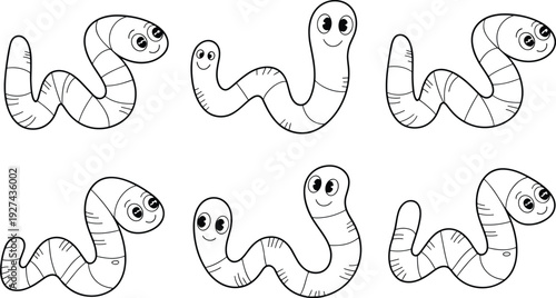 Cute cartoon earthworm characters set black and white line art illustration for kids coloring book education vector design playful friendly smiling worms