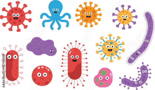 Cute cartoon virus and bacteria characters set colorful vector illustration friendly microbes germs for kids education medical design isolated