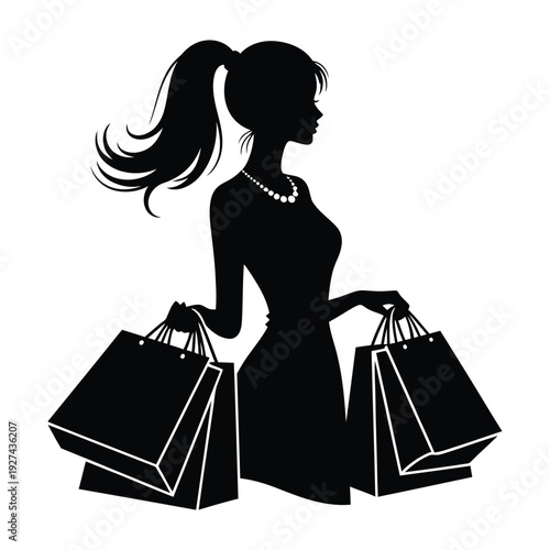 Silhouette of a woman with shopping bags, ponytail, pearl necklace, isolated on white background, fashion, retail, consumerism, lifestyle