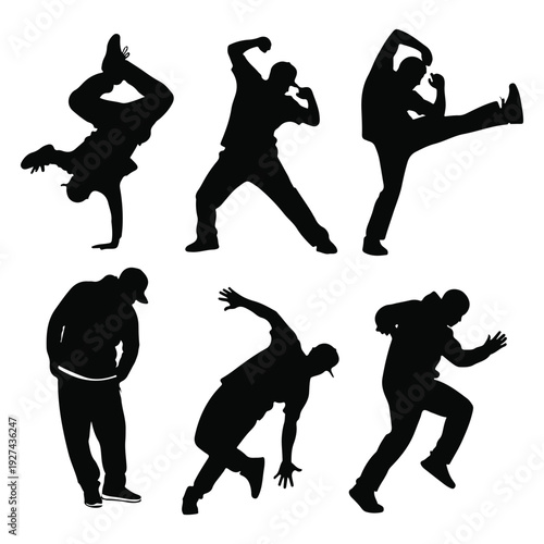 Dynamic Breakdance Silhouettes: Male B-Boys in Action Poses - Handstand, Freeze, Kick, Power Moves on White Background