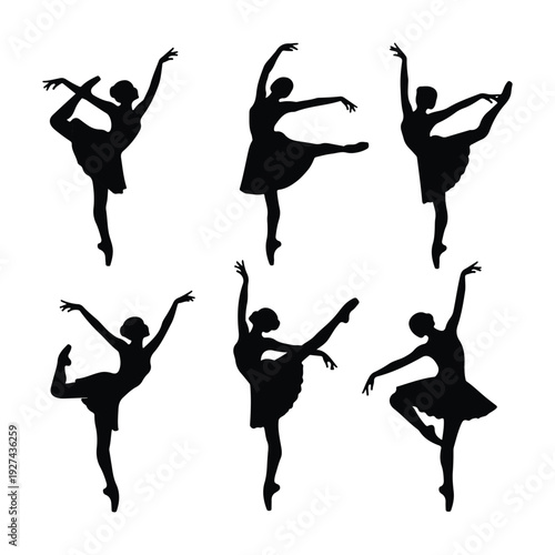 Elegant Ballet Dancers Silhouettes: Six Black Figures in Graceful Classical Poses on White Background, Showcasing Movement and Artistry