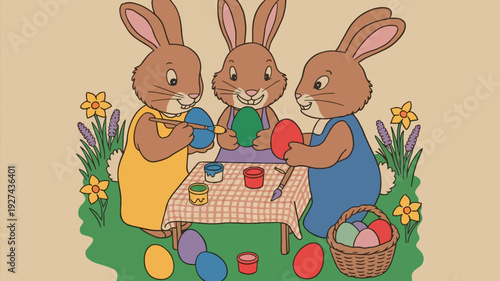 Three Cute Bunnies Painting Easter Eggs Together In A Garden Illustration.
