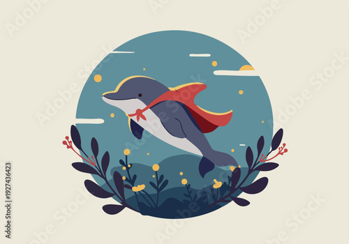 Pixel Art Dolphin Flying with Red Cape in a Night Sky