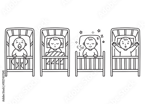 Set of newborn baby icons showing different sleeping and waking states in cribs