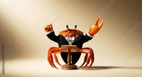 Crab conductor orchestrating music, wearing tuxedo, holding baton, creative and funny studio shot, humorous