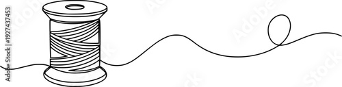 Simple minimalist continuous line drawing of a thread spool unwinding into a graceful flowing curve