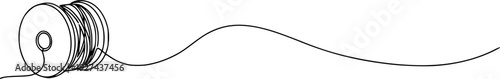 Simple minimalist continuous line drawing of a thread spool unwinding into a graceful flowing curve