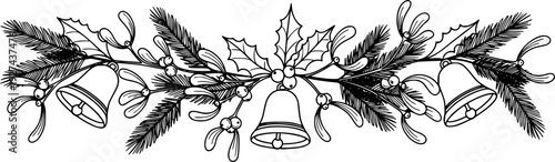 Simple black outline drawing of Christmas bells, mistletoe, and pine branches arranged as a charming holiday border