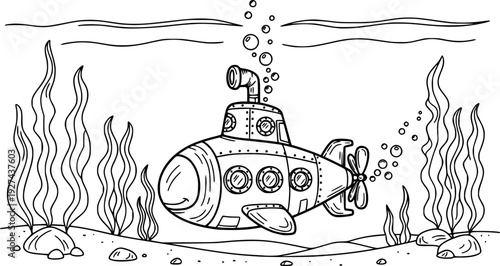 A charming handdrawn submarine navigating underwater with rising bubbles, ideal for educational content