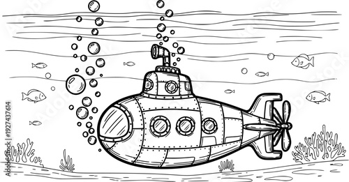A charming handdrawn submarine navigating underwater with rising bubbles, ideal for educational content