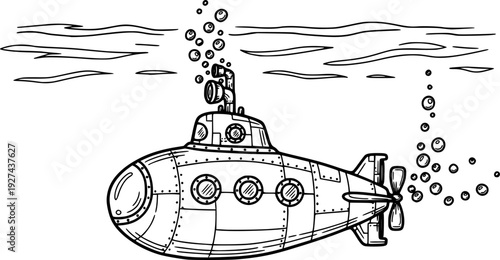 A charming handdrawn submarine navigating underwater with rising bubbles, ideal for educational content