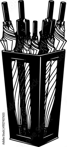 Classic household item storage for rainy weather essentials, featuring multiple folded umbrellas inside a sturdy stand