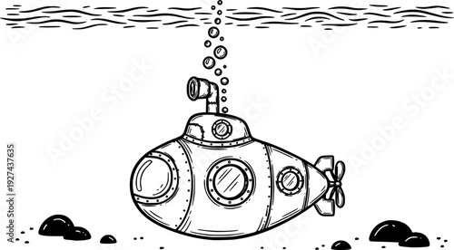 A charming handdrawn submarine navigating underwater with rising bubbles, ideal for educational content