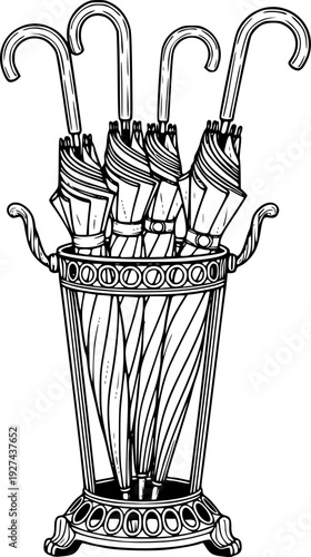 Classic household item storage for rainy weather essentials, featuring multiple folded umbrellas inside a sturdy stand